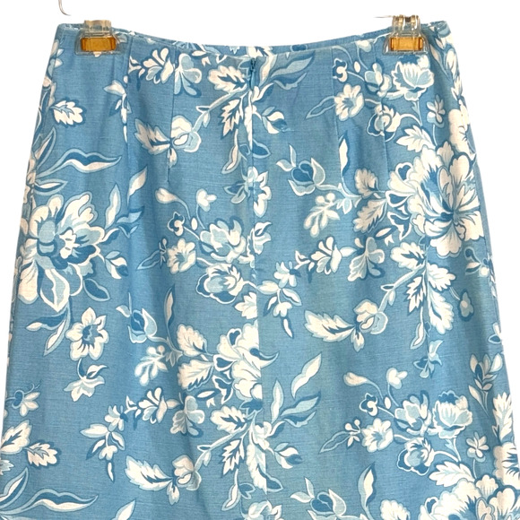 VTG Pencil Maxi Skirt 6 Blue Floral Linen Preppy Grandmillennial Coastal Chic - Picture 3 of 11